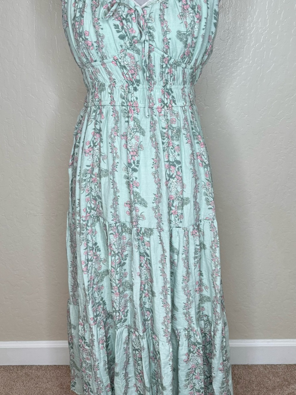 Trixxi Mint Floral Tiered Maxi Dress with Pink Accents